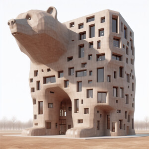 Mimetic bear shaped building with windows