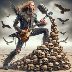 Rock star with long blonde hair dressed in leather and spikes playing a Les Paul guitar with skulls on it screaming into a microphone made of skulls standing on a pile of skulls