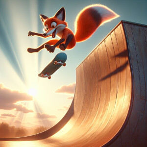 Use the same Cartoon fox skateboarding on a 50 foot tall half pi...