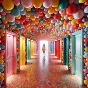Create an image of a long, vibrant hallway decorated with floati...
