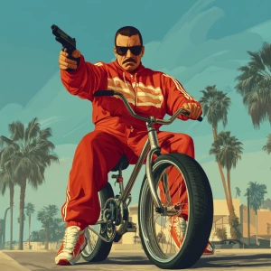 Fwog meme..Sitting on a pedal bike pointing a pistol, sunglasses...