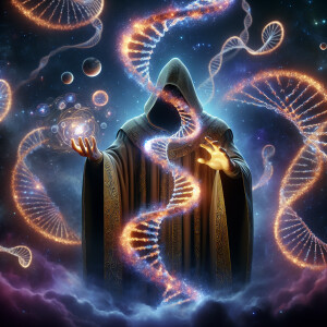 Wizard alien conjuring dna and eating strands of dna. Wizard ali...