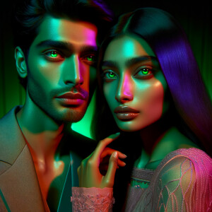 /imagine prompt:A portrait of a couple, a man and a woman, with intense green eyes, their skin glowing subtly under neon lights transitioning from greens to purples. They stand close, their expressions reflecting a shared confidence. Created Using: dual portraiture, neon lighting effects, intimate pose, coordinated fashion, dynamic color interplay, digital artistry, high-definition textures, glibatree prompt, engaging expressions, elegant styling --ar 1:1