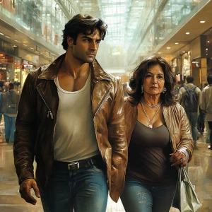 Photorealism,fantasy,a bodybuilder man ,walking with his 50 year...