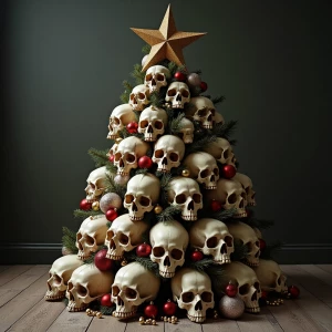 A Christmas tree constructed entirely from human skulls, adorned...