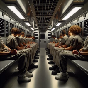 Side view inside a jail van with Caucasian teenage male inmates...