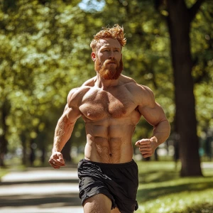 Muscle bodybuilder ginger hair beard hairy chest jogging shorts...