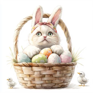 Big Fat white cat with one leg hanging over basket with plush bu...