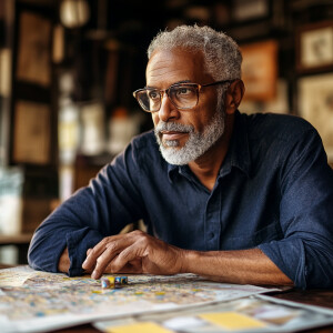 Create an image of brown skinned, middle aged man, strategizing...
