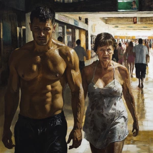 Illustrative,oil painting.A man  muscular beefy sweat walking wi...