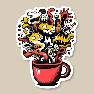 a hand-drawn coffee cup overflowing with chaotic animals and abs...