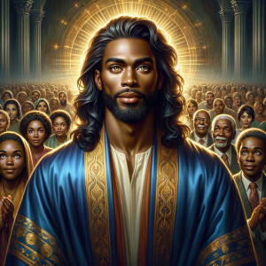 Illustrate an inspiring African-American Jesus crust with a dign...