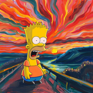 Illustrate Bart Simpson in a classical impressionist landscape i...