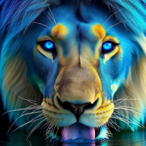 Lion with neon blue fur :::1 , neon blue eyes:::2, getting a dri...