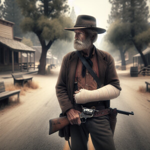 An old west cowboy standing in the middle of the road,  in the m...