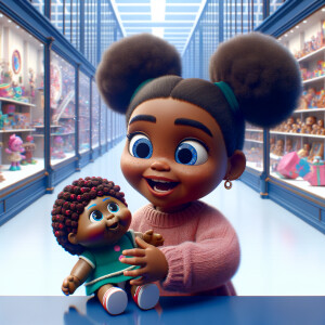 Create a 3-D image of a little girl inside of a very large toy store. The little girl has thick, ponytails and huge blue eyes. She is playing with her favorite doll, the doll is a African-American Cabbage Patch doll. That looks just like her.