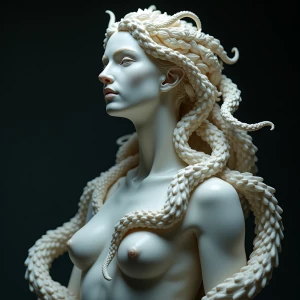 A hauntingly beautiful gorgon statue, frozen in time, her serpen...
