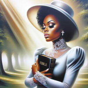 Render an airbrush oil painting of an African American woman with flawless makeup in a
contemplative pose, holding a Bible close to her heart, dressed in an elegant Sunday Best
outfit with a distinctive Church Hat. The background features a peaceful church garden,
with light filtering through the trees, highlighting her spiritual connection and the personal
moment of reflection. The artwork should capture the tranquility of the scene, the beauty
of her attire, and the depth of her contemplation, reflecting a serene and spiritually