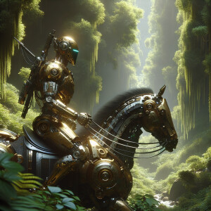 Futuristic robot riding a horse through a dense forest  wearing...