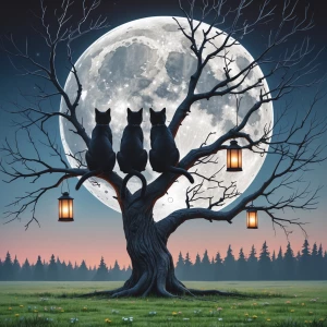 a tree with no leaves black cats sitting on its branches, two la...