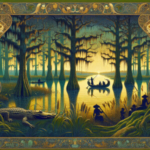 Visualize a scene reminiscent of the lush swamps of Louisiana as...