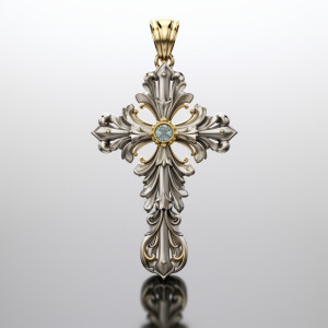 Design a stunning silver and gold cross pendant that beautifully...