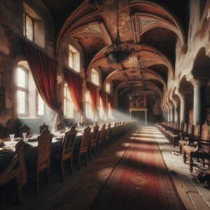 bloodied castle halls, dining hall, red curtains and lots of tod...