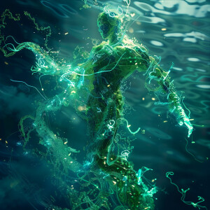 Vivid animation of sea moss underwater, glowing and releasing en...