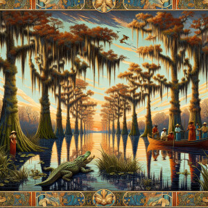 Create an image that captures the essence of Louisiana's verdant...