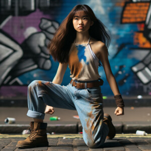 teenage girl, long brown hair and bangs, wearing tight skinny jeans and a halter top paint marks on her clothing, heroic pose Asian graffiti background, nearing on one knee