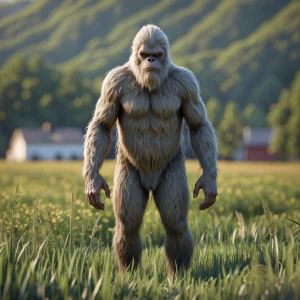 A humanoid looking.hiar.covered sasquatch standing in the field....