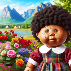 African-American cabbage patch doll with huge dimples, and freckles and flowers in the background