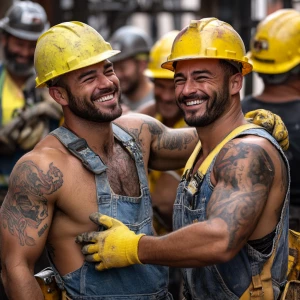 Generate an image showing a cheerful group of muscular, tattooed...