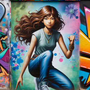 teenage girl, long brown hair and bangs, wearing tight skinny jeans and a halter top paint marks on her clothing, heroic pose Asian graffiti background, nearing on one knee