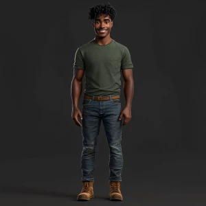 Create a lifelike image of a man with a medium build and dark sk...
