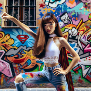 teenage girl, long brown hair and bangs, wearing tight skinny jeans and a halter top paint marks on her clothing, heroic pose Asian graffiti background, nearing on one knee