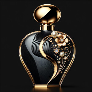 Design a fancy, black and gold bottle of perfume in the shape of a woman’s body. With a golden diamond top, flowers pearls and Diamonds in the name, Karen