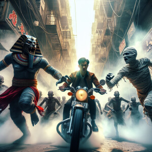 Hyper-realistic image, wide angle, Anubis and a mummy, with angr...