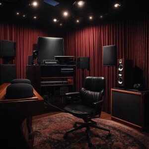 A meticulously arranged podcast recording studio showcasing a hi...