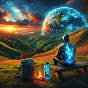 Surreal digital artwork featuring a person sitting on a bench, o...