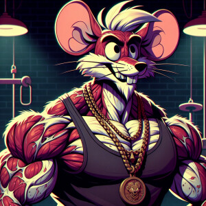 Buff Mickey Mouse look a like in tank top and gold chains. Red a...