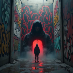 Hyper-realistic, cinematic depiction of a gothic graffiti nightmare: morphing, dystopian cityscape covered in twisted, psycho-horror graffiti, pulsating with surreal, dramatic lighting; a suspicious, hooded figure emerges from a fusion of grotesque shapes and dripping letters.