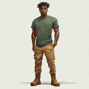 Create an image of a man of medium build with dark skin and shor...