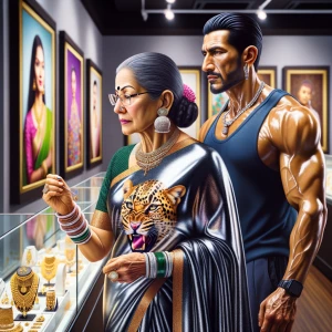 Hyperrealism art,a  mature gujarati mother in law in her 50s wea...