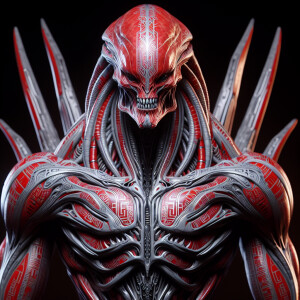 A towering red and silver alien with intricate ancient tattoos c...
