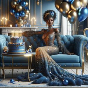 Create a 3-D realistic, African-American woman, she is seated on a luxurious blue couch. She is dressed in a splendid blue and gold gown, with the fabric shimmering like a starlit night sky. Her outfit is complemented by gold earrings and a chic blue and gold head wrap crowning her head with elegance. Beside her, a beautifully decorated birthday cake adorned with blue and gold icing, stands on a small table, with candles waiting to be wished upon. In the air, blue and gold balloons catch the light, adding a touch of magic. The room itself is a harmony of celebration, with hints of gold accents against blue decor, creating an atmosphere of joyous celebration.