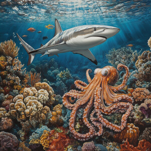 Design an image of a shark gliding elegantly through clear blue...