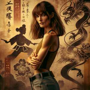 Athletic Thin skinny Attractive, Asian teenage girl, long brown hair and bangs, wearing tight skinny jeans and a halter top paint marks on her clothing, heroic pose Asian graffiti background, backside view