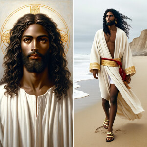 Create an image that combines two depictions of Jesus as an Afri...