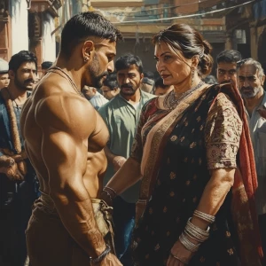 Photorealism, a muscular, sweaty criminal man  greeting guests a...